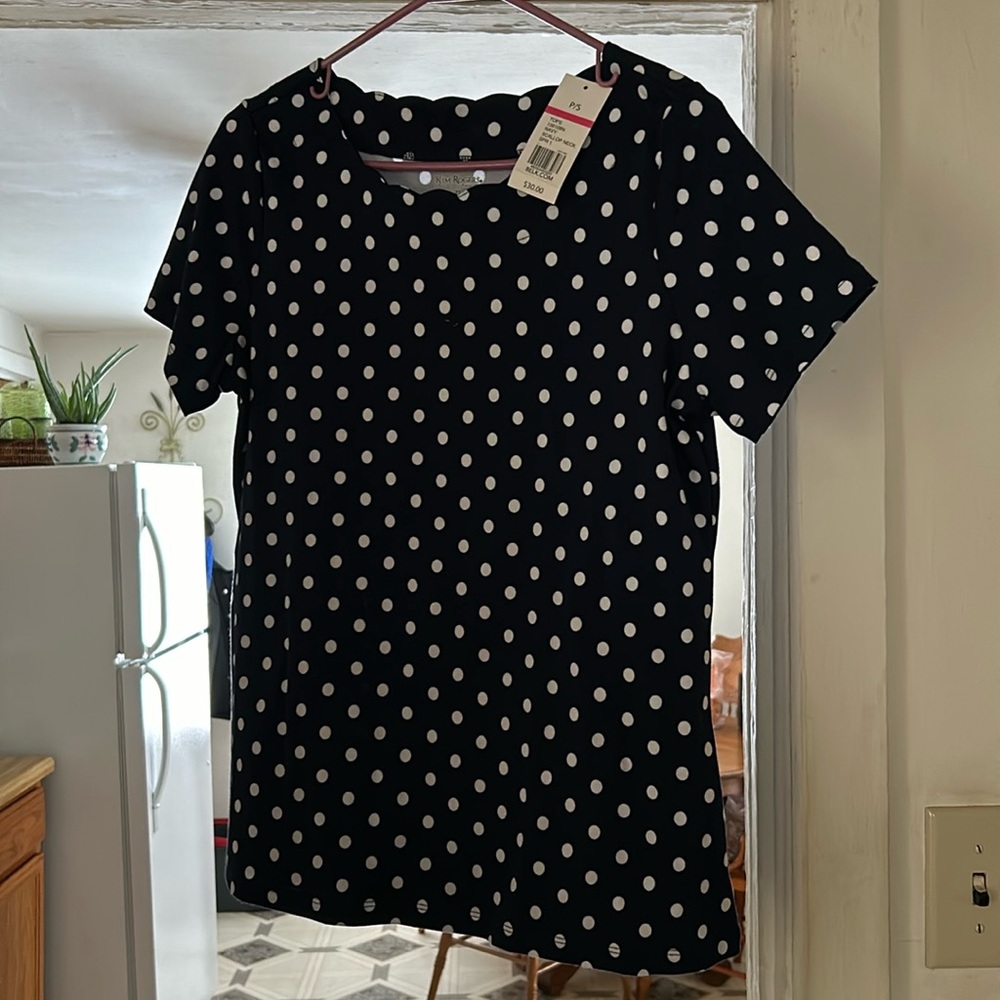 Kim Rogers Petite Navy Scallop Neck Blouse.